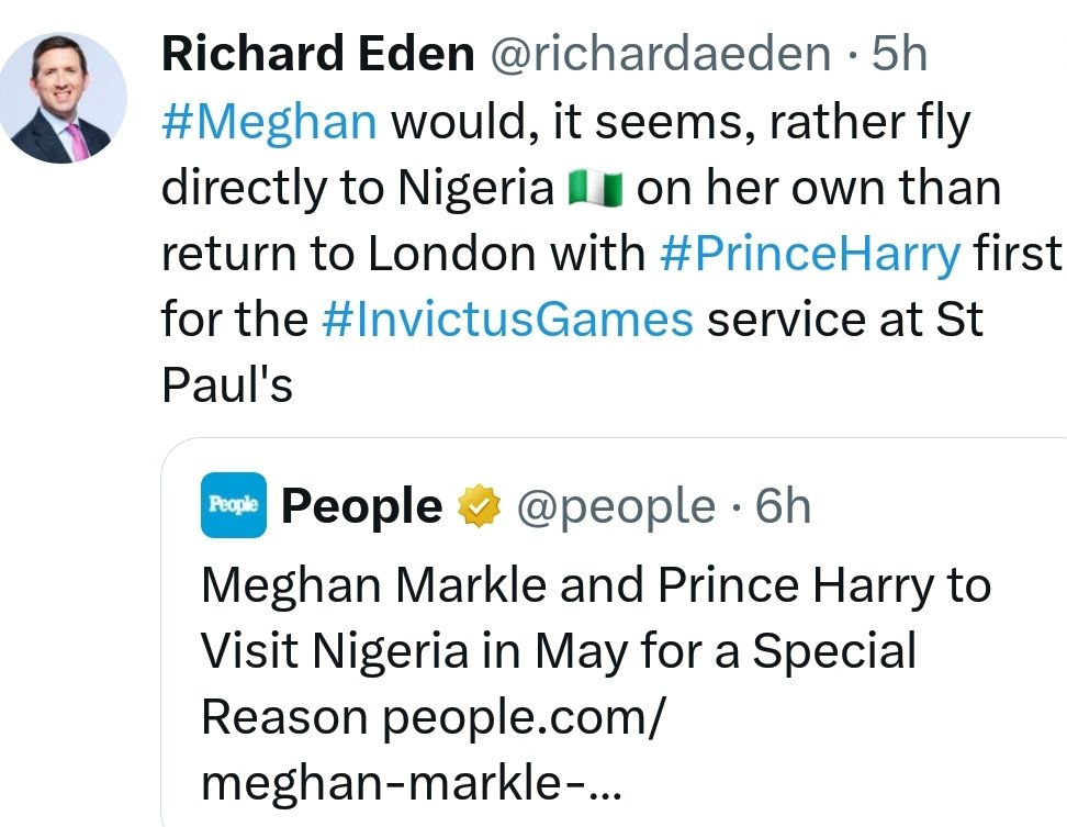 Yes Richard, bc the Nigerians are looking forward to Meghan visit & will welcome her with open arms. The BM wrote vile things & say ppl in the UK will boo her bc she's not welcome. So if you lot hate her on a cellular level, why the fu*k are you mad she won't stop in the UK 1st?