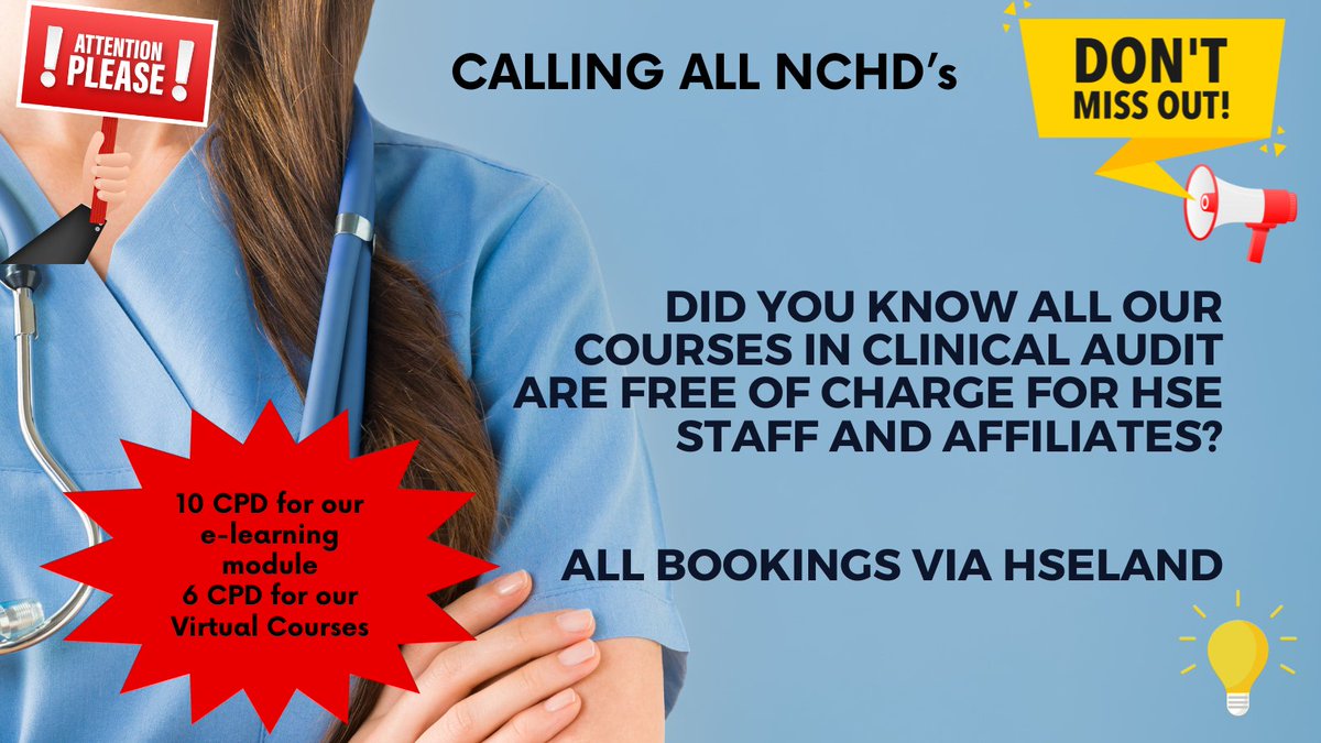 📢Calling all NCHD's. All of our courses in Clinical Audit are free to HSE staff and affiliates with CPD and are bookable through @HSE_HSeLanD 🎓📚#medicaleducation #doctortraining