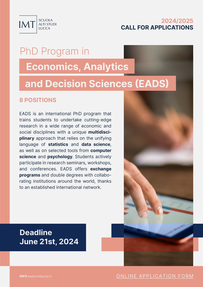 Hi there! Are you interested in a PhD in Economics?  <a href="/IMTLucca/">Scuola IMT Alti Studi Lucca</a> has just opened the application for its new PhD program, eads.imtlucca.it/eadsimt-school. During these weeks, we will briefly describe the school and our PhD program. Let's start👇 ¼