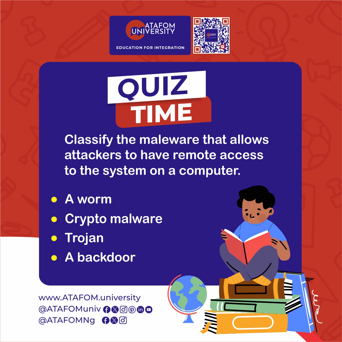 AtafomNg's tweet photo. Quiz Time 🧠
➡️Classify the malware that allows attackers to have remote access to systems on a computer.
#ATAFOM #ATAFOMuniversity
#SakirYavuz #ATAFOMNg #onlineuniversity #PerfectTimingHolding
#EducationforIntegration #Education #ATAFOMLanguageAcademy #onlinecourses https://t.co/VNF7Sg12lK