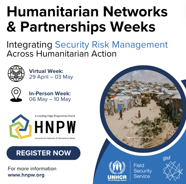 📢 Today kicks off the virtual week of #HNPW, where together with the UNHCR Field Security Service, GISF has arranged a great lineup of sessions and speakers, which you won’t want to miss! It's not too late to register! Join us at hnpw.org