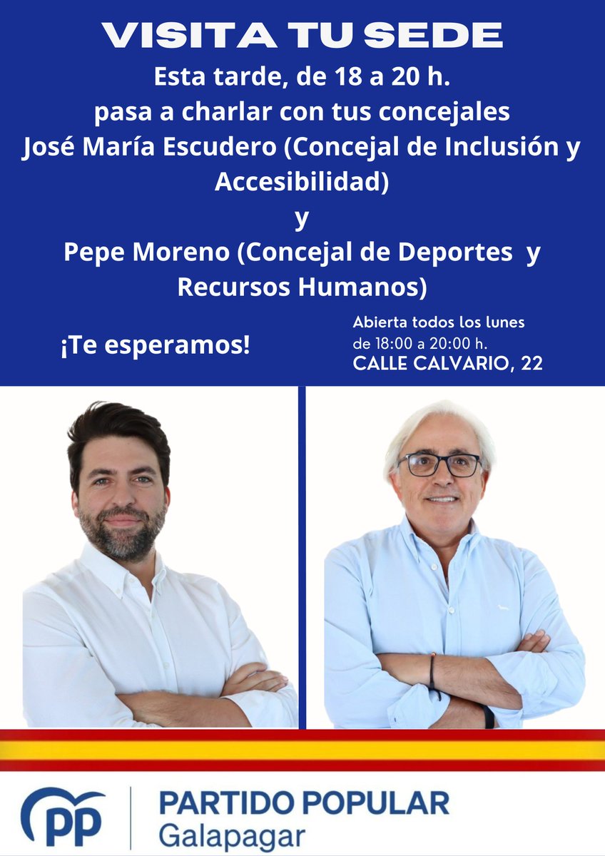 Os recordamos que, esta tarde, de 18 a 20 h., os esperan en la sede vuestros Concejales @Escudero7 y @pepemorom 

#EquipoAyuso