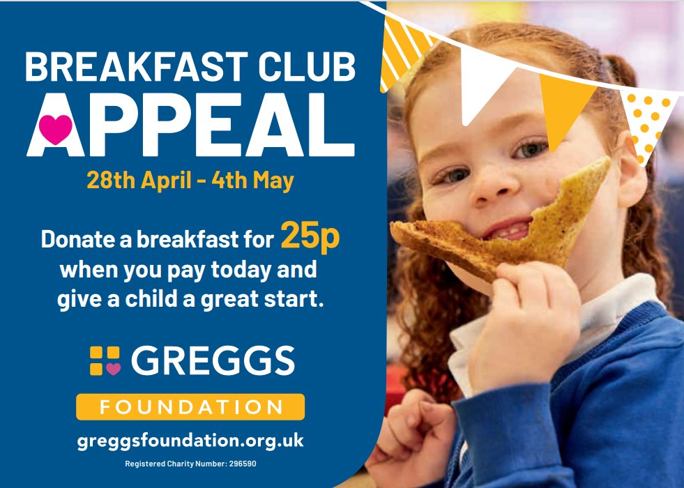 That time again - @GreggsCharity Breakfast Club Appeal Week! Donate 25p at any @GreggsOfficial and help buy a breakfast for one of 62,000 children starting the day with a free & nutritious breakfast at one of our Breakfast Clubs. Jammy goodness and a donation to @GreggsCharity ❤️