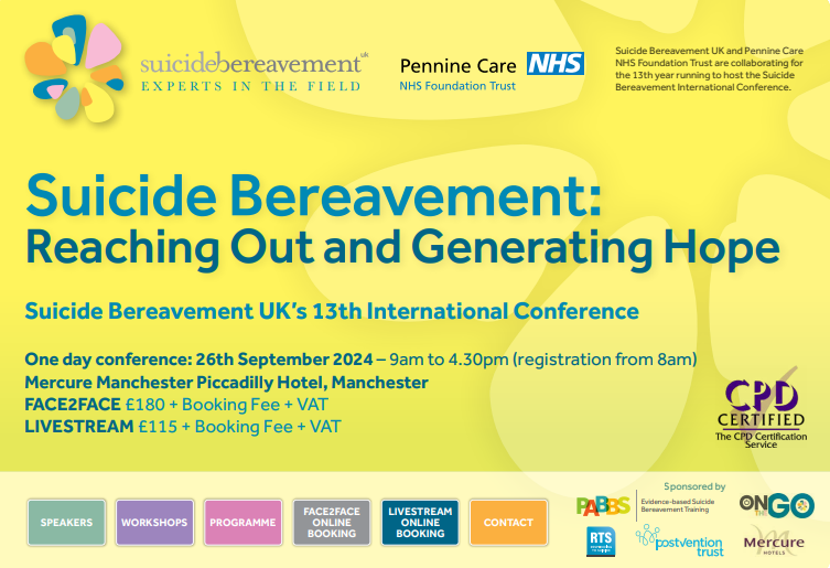 Dr Frank Campbell is the plenary speaker at Suicide Bereavement UK and @PennineCareNHS 13th International suicide bereavement conference on the 26th Sept 2024. Click on link for more information and to register suicidebereavementuk.com/suicide-bereav… #sbukconf24