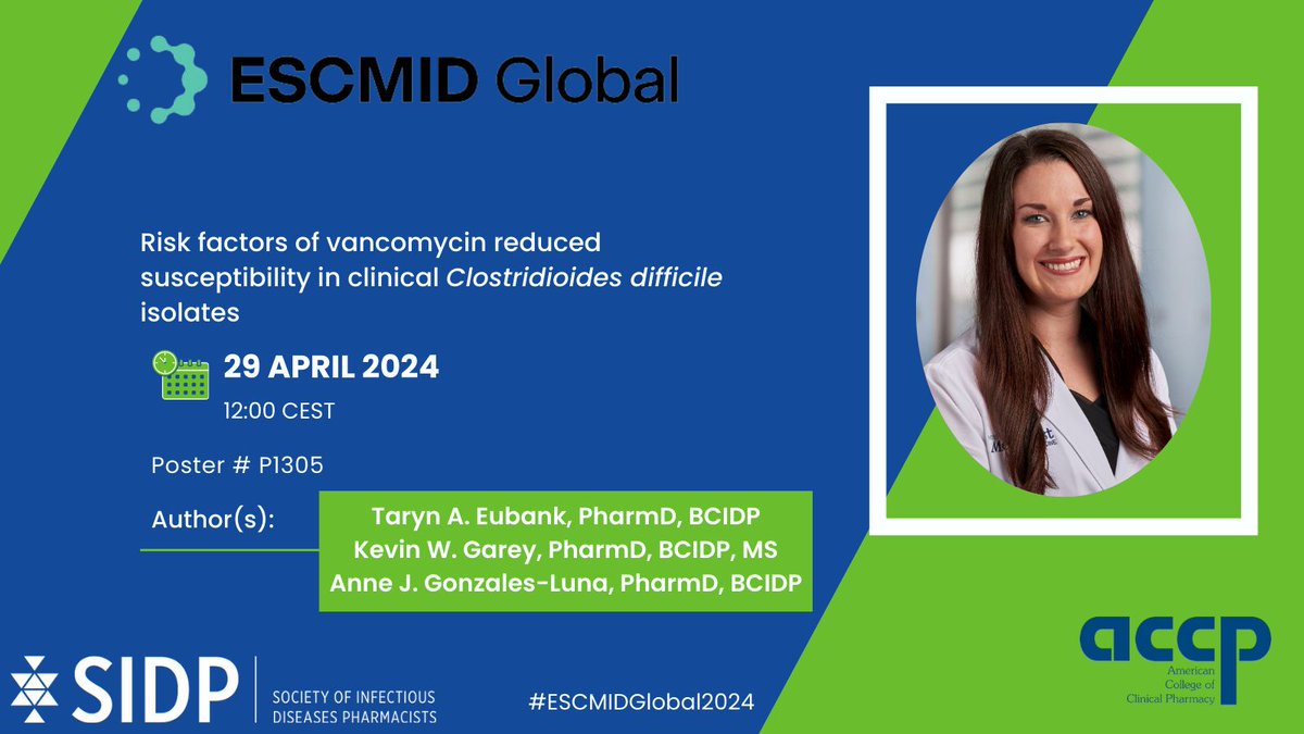 SIDP member @TarynEubank presents on risk factors for elevated MICs in #CDI to guide clinical decision making. Findings show ribotype is an independent risk factor - rapid diagnostic ribotyping may be warranted to preserve #abx @TheGareyLab #ESCMIDGlobal2024 @ESCMID @accpinfdprn