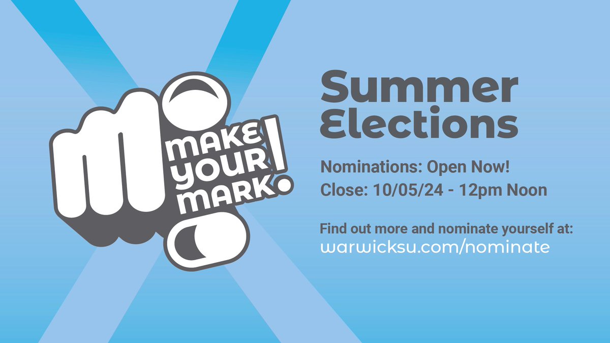Nominations have now opened in the Summer Elections! 🤩 👉To find out about all the roles available and to nominate yourself go to: warwicksu.com/nominate Nominations close 10/05/24 at 12pm Noon! ⏰