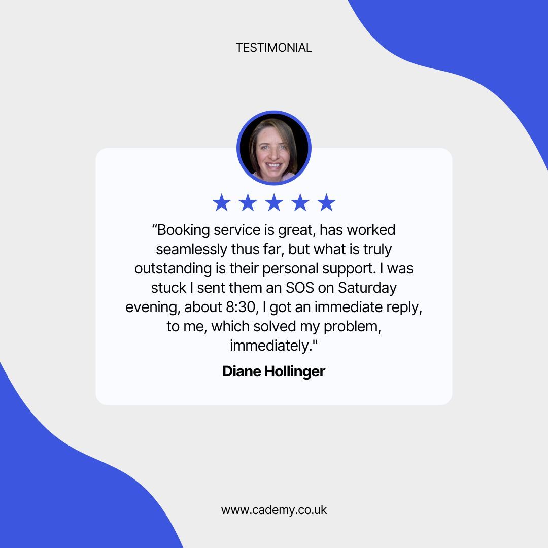 💙 Appreciation Time: Starting the week on a high note! Thank you for your trust and appreciation Diane!
#CustomerFeedback #BookingPlatform #CRM #LMS #EducationDirectory #Cademy