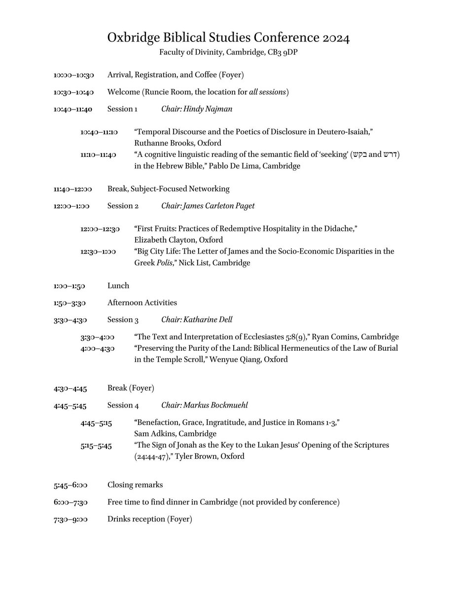 The New Testament Seminar travels to Cambridge this week to join our colleagues there for the annual Oxbridge Graduate Biblical Studies Conference this Friday, 3 May, featuring papers from several of our students. Our seminar resumes here next week. bit.ly/ntseminar