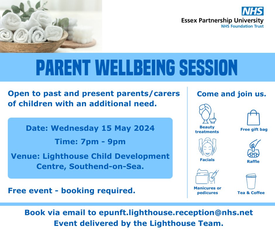 Join our FREE Parent Wellbeing Session, open to past and present parents/carers of children with an additional need. Take a little break, enjoy a pamper session, and take some well-deserved time for yourselves. Email epunft.lighthouse.reception@nhs.net to book your place.