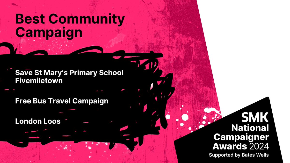 We're delighted to announce the shortlist for Best Community Campaign. Congratulations to @ageuklondon @Maryhill_IN @VOICESNetworkUK, St Mary’s Primary School and everyone who supported these great campaigns! 

Winner will be announced on 15 MAY. #LoveCampaigning #SMKAwards2024