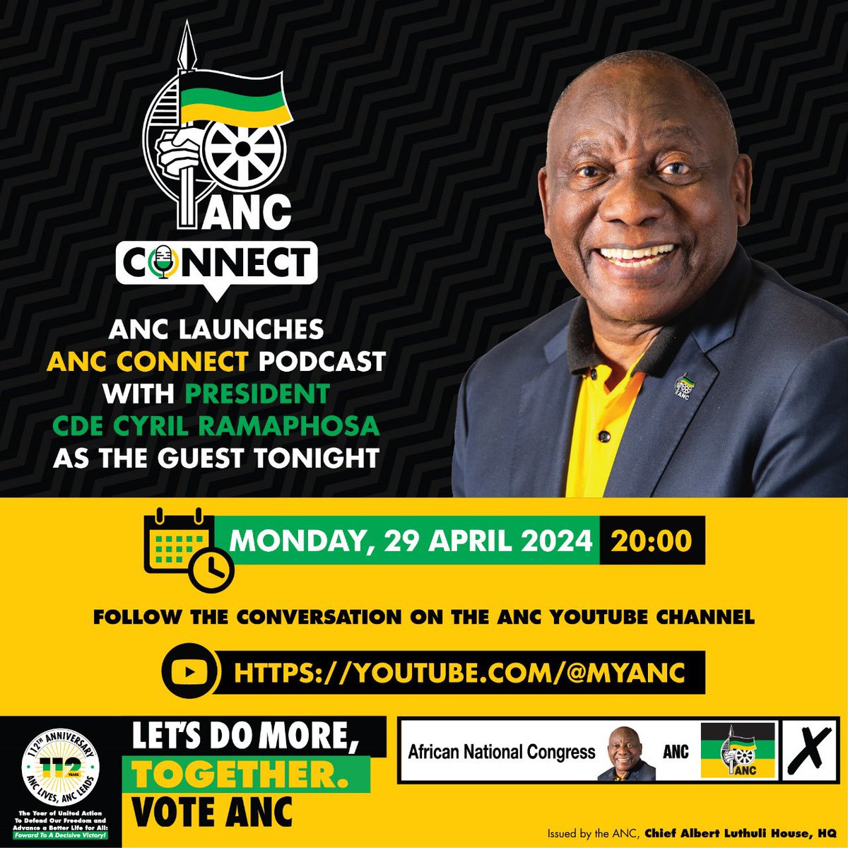 Connecting you to the pulse of the nation - join us for the launch of #ANCConnect, with our first guest being ANC President, Comrade Cyril Ramaphosa, tonight at 20:00. Link: youtube.com/@MyANC?feature… #VoteANC2024 #LetsDoMoreTogether
