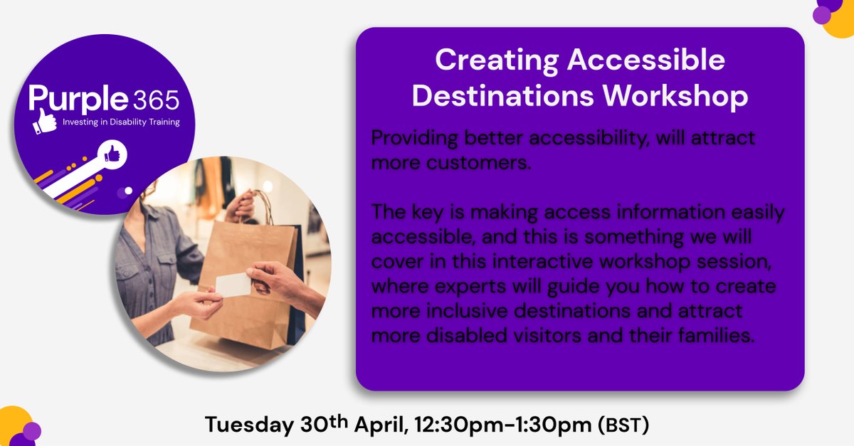 Tomorrow is our next #Purple365 webinar for creating accessible destinations 👍 Visit: purpletuesday.co/Our-Services/P… to find out more #Accessibility #Inclusion #DisabilityInclusion #Disability