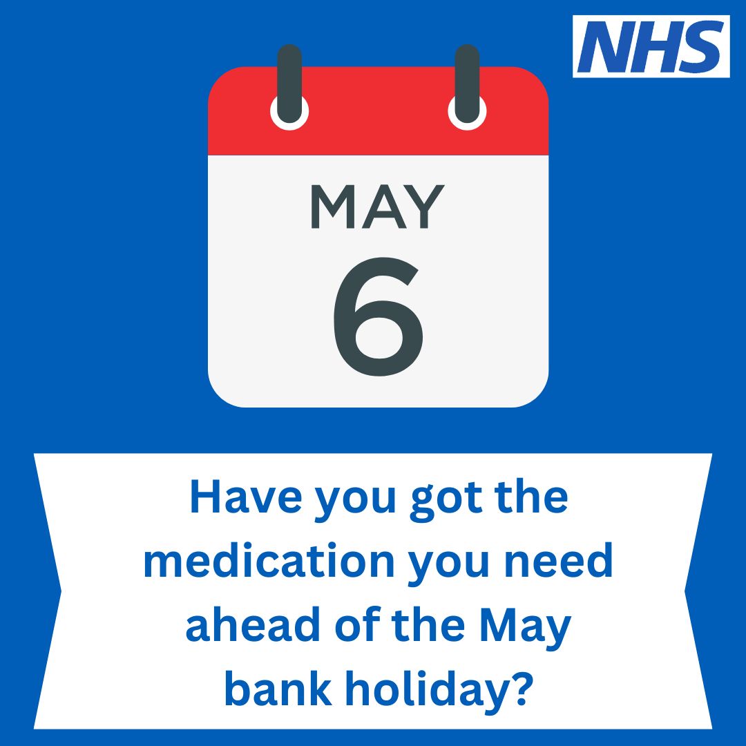 Don't run out of your medication this upcoming bank holiday! Order repeat prescriptions in plenty of time using the NHS App or go through your GP practice website. If you do not have access to GP online services, you can also contact your GP practice by phone. #BePrepared