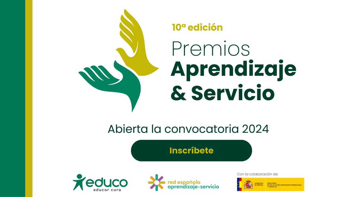 📢 Se abre la nueva convocatoria para presentarse a la 10ª edición de los #PremiosApS2024. Participa en esta nueva edición convocada por @Educo_ONG y @REDAPS1, con la colaboración del @educaciongob. Más información en: aprendizajeservicio.com #ApS