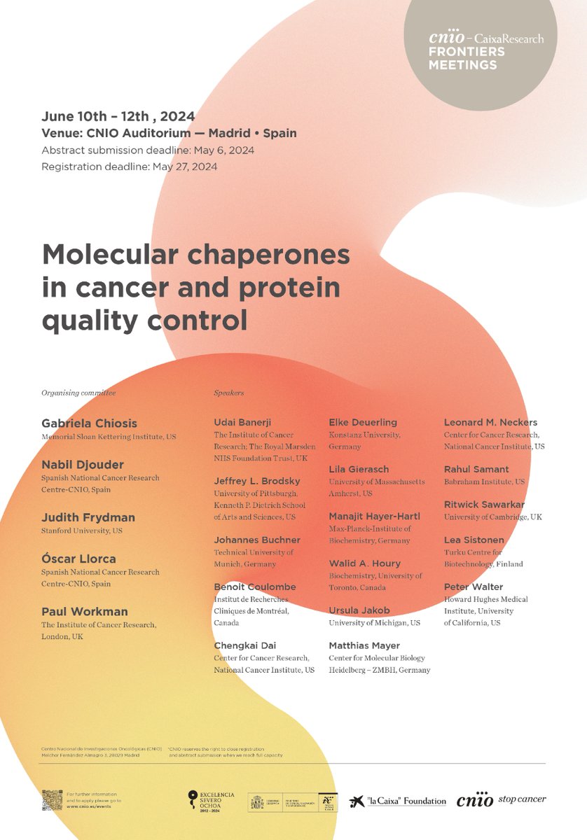 Acompanya'ns a la pròxima edició del CNIO - #CaixaResearch Frontiers Meeting per aprofundir en el paper de les xaperones en el plegament, estabilitat i funció de les proteïnes i el seu paper en el desenvolupament del càncer.🔝 #CFM_MolChaperones 👉 bit.ly/3wIdZUk