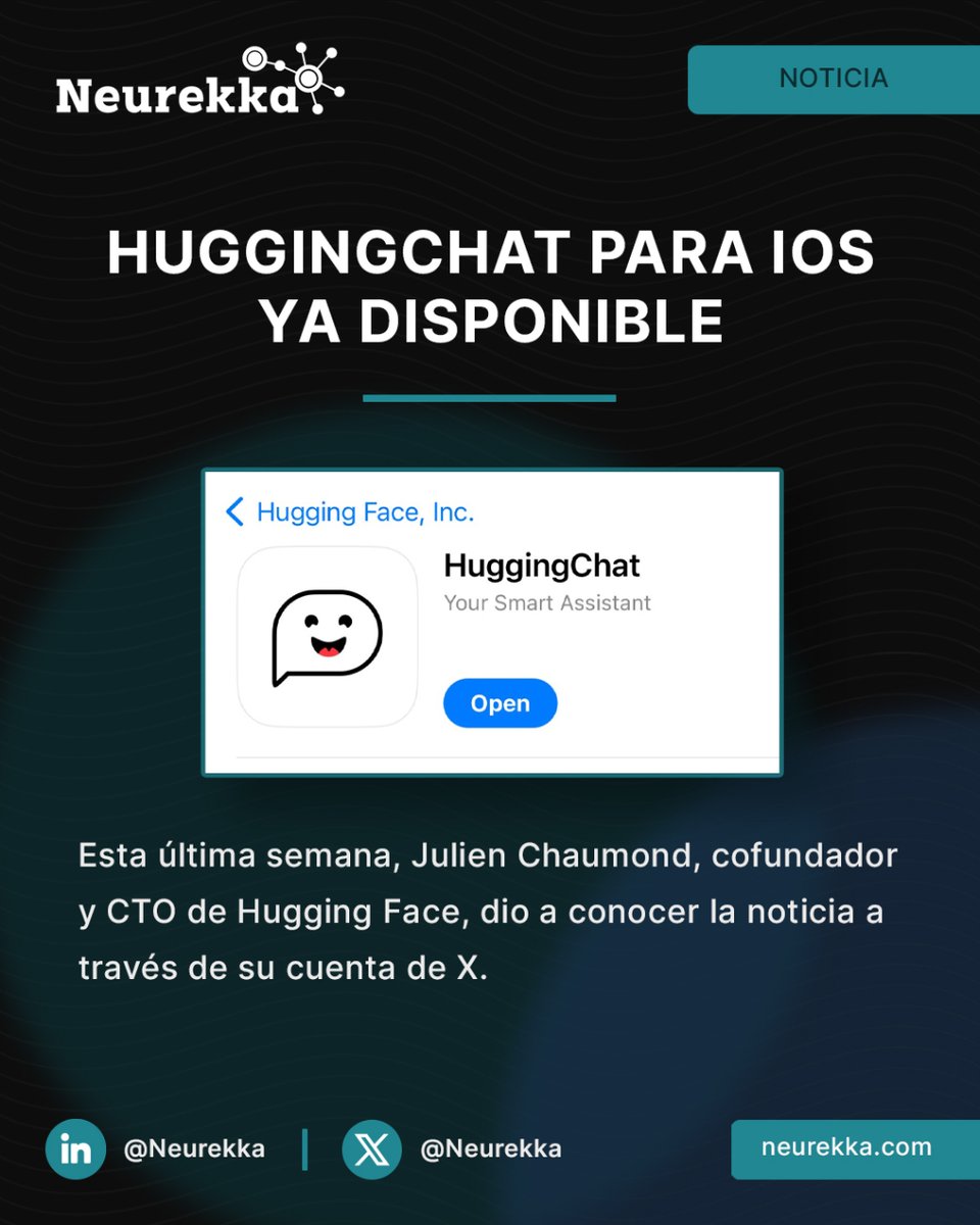 Neurekka's tweet image. 💬 HuggingFace ha lanzado HuggingChat para dispositivos con iOS.

HuggingChat es una herramienta de IA generativa que (como otros chatbots de IA) puede producir textos como resúmenes, ensayos, cartas, correos electrónicos y mucho más.

#HuggingChat #IA #iOS