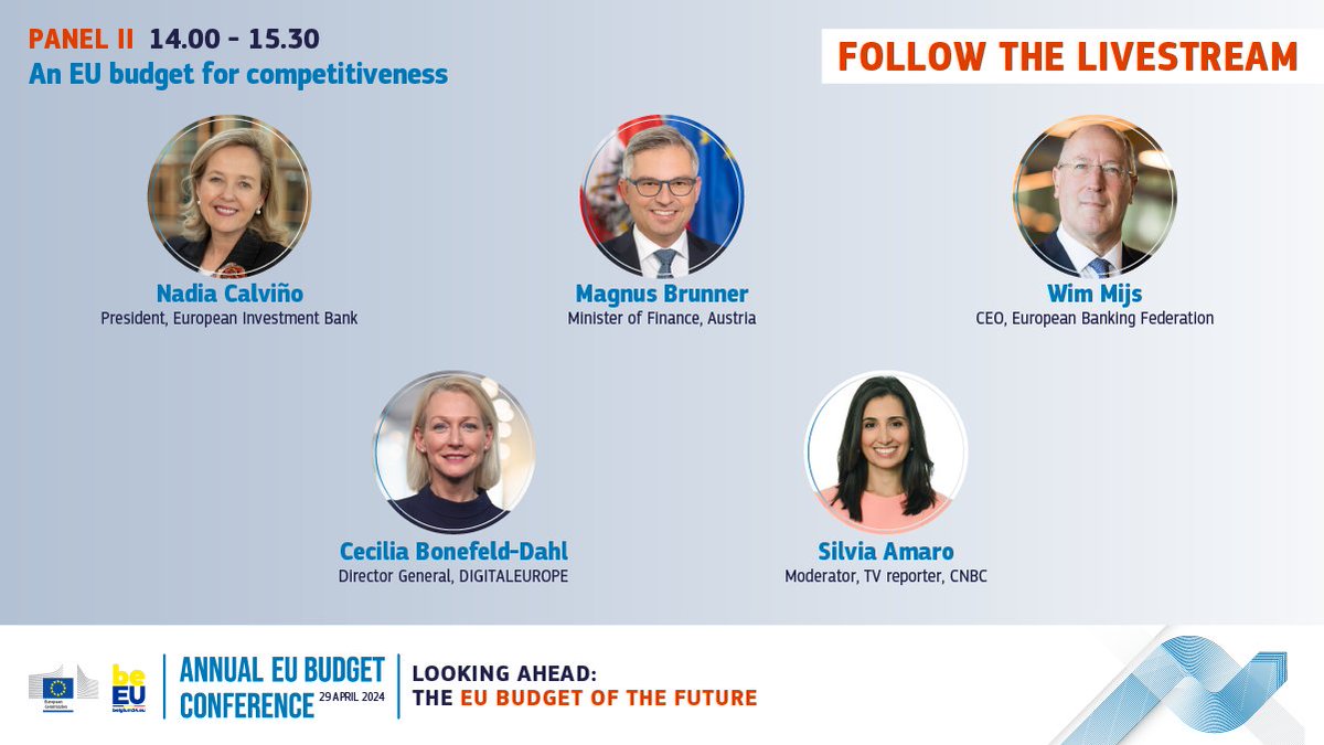 🇪🇺🏦EIB President @NadiaCalvino will take part in the Annual #EUbudget Conference alongside @magnusbrunner, @paulorangel_pt, @BonefeldCecilia and Christian Sewing to discuss the European competitiveness. 🗓️Today, 2PM 📺Livestream➡️bit.ly/37Gxfjv