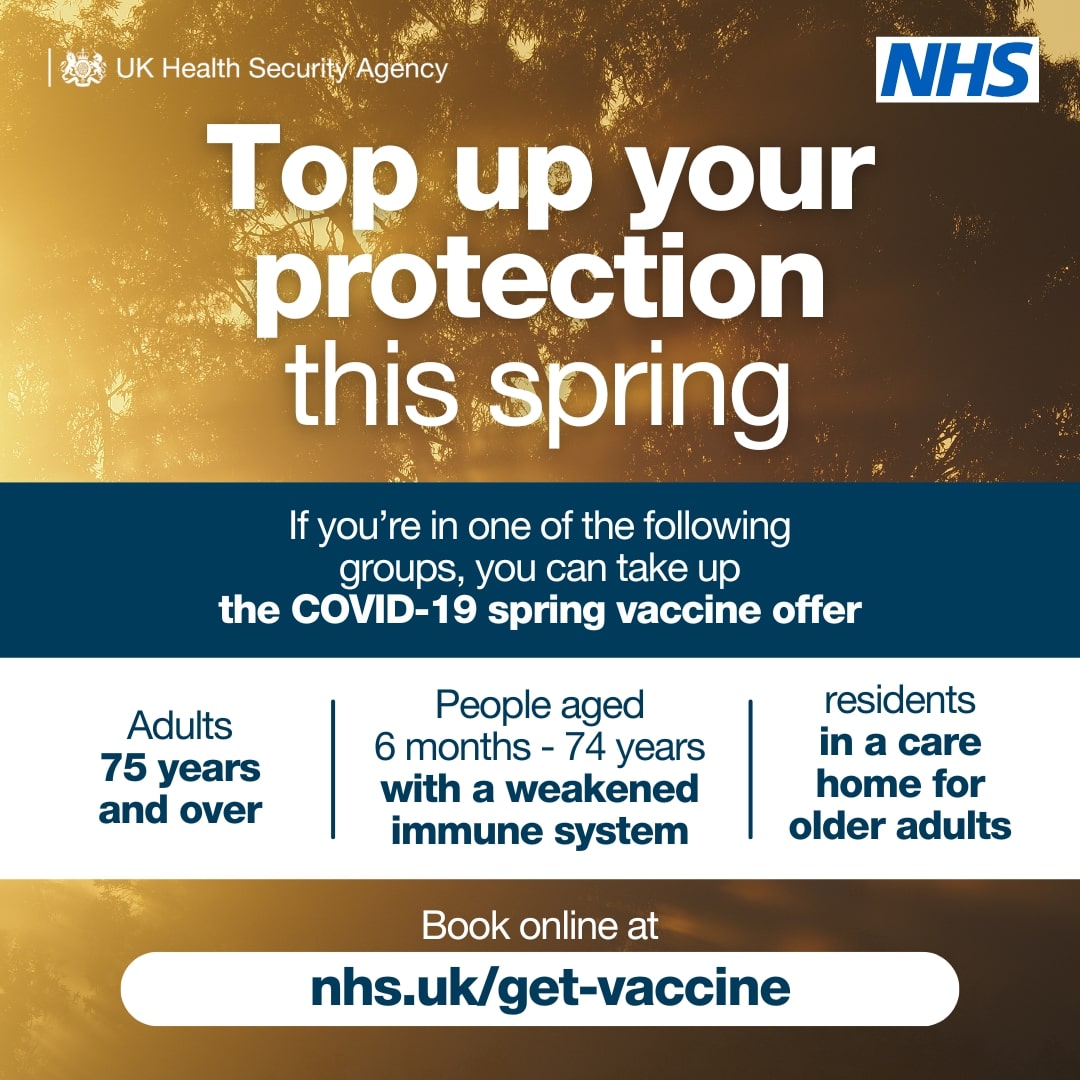 Top up your protection this spring!⚡ Getting your COVID-19 vaccine means your symptoms will be milder & you’ll recover faster if you catch COVID-19 this spring🦠 More info: orlo.uk/6EWYS