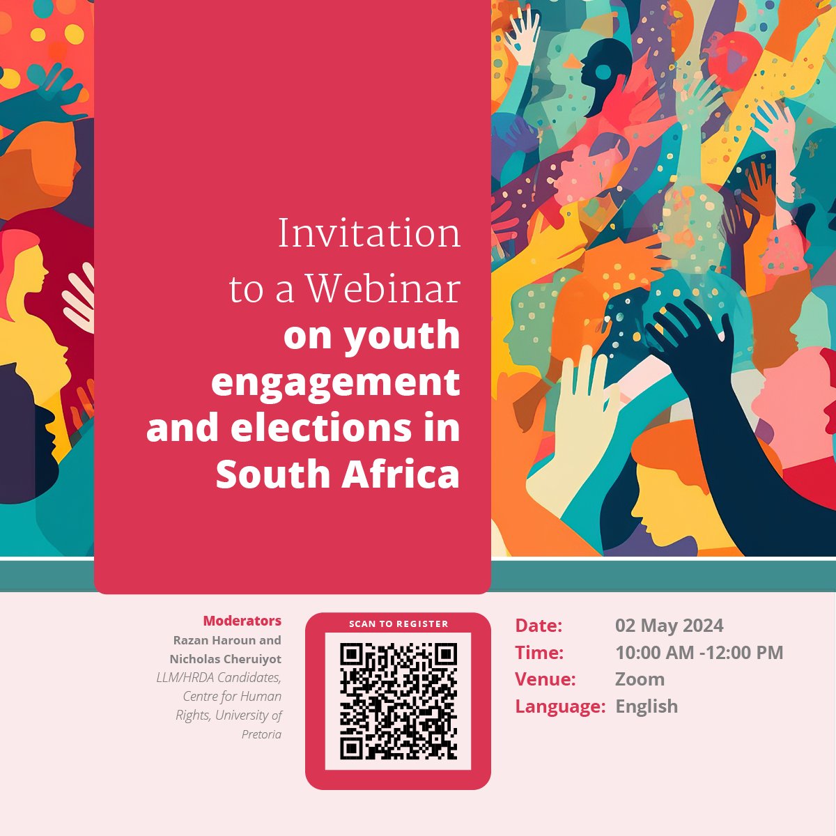 @CHR_HumanRights, @UPLawFaculty, @UPTuks cordially invite you to a webinar on youth engagement and elections in South Africa. Join us on 2 May 2024 and be part of the conversation. 💻 Register online ⬇️ chr.up.ac.za/latest-news/37…