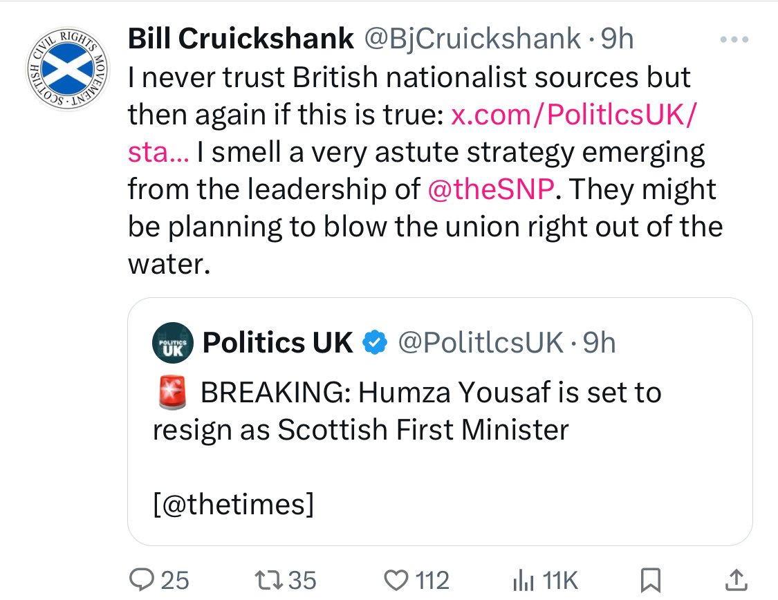 Yousless resigning is a very astute strategy from the leadership of the SNP - Perhaps Jenny Gilruth will be the one to “blow the union right out of the water”? 🤔😆🤣