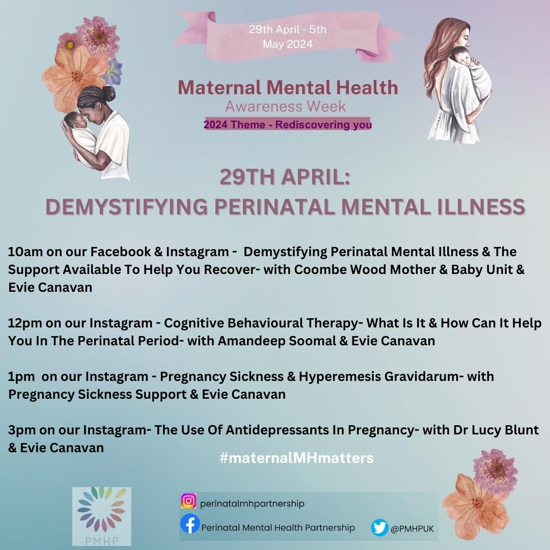 Welcome to #maternalmentalhealthawarenessweek . The theme for today is Demystifying Perinatal Mental Illness. Join us on our socials for these Information Sessions: #maternalmhmatters #maternalmentalhealth #Rediscoveringyou #perinatalmentalhealth #mmhaw #mmhaw24 #pnd