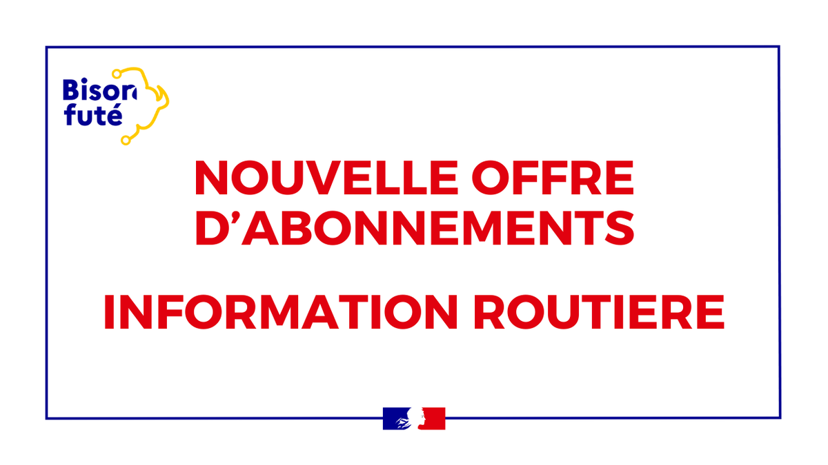 BisonFute_MT's tweet photo. ℹ️#Information : nouvelle #offre d'#abonnements automatisés Bison futé
Plus simple, plus rapide, plus agile et mieux ciblée : celle-ci a été pensée pour vous transmettre l'information routière toujours la plus adaptée à vos besoins. 
Pour vous abonner➡️https://t.co/hQRnuEqL4O🚗🛣️ https://t.co/IAhwEpUKWc