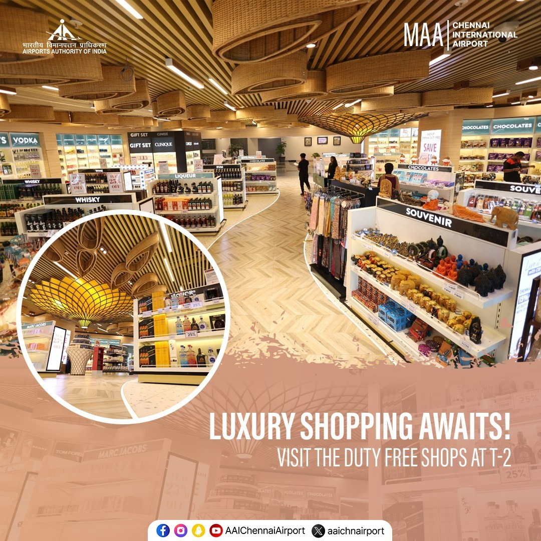 Explore a vast selection of global brands and products at the Duty-Free shops in Terminal 2 (T-2) of Chennai International Airport. Indulge in the ultimate shopping experience before you fly. #ChennaiAirport #AAI #Chennai #Airport #AAIAirport #MAA #MAAAirport #ChennaiDutyFree