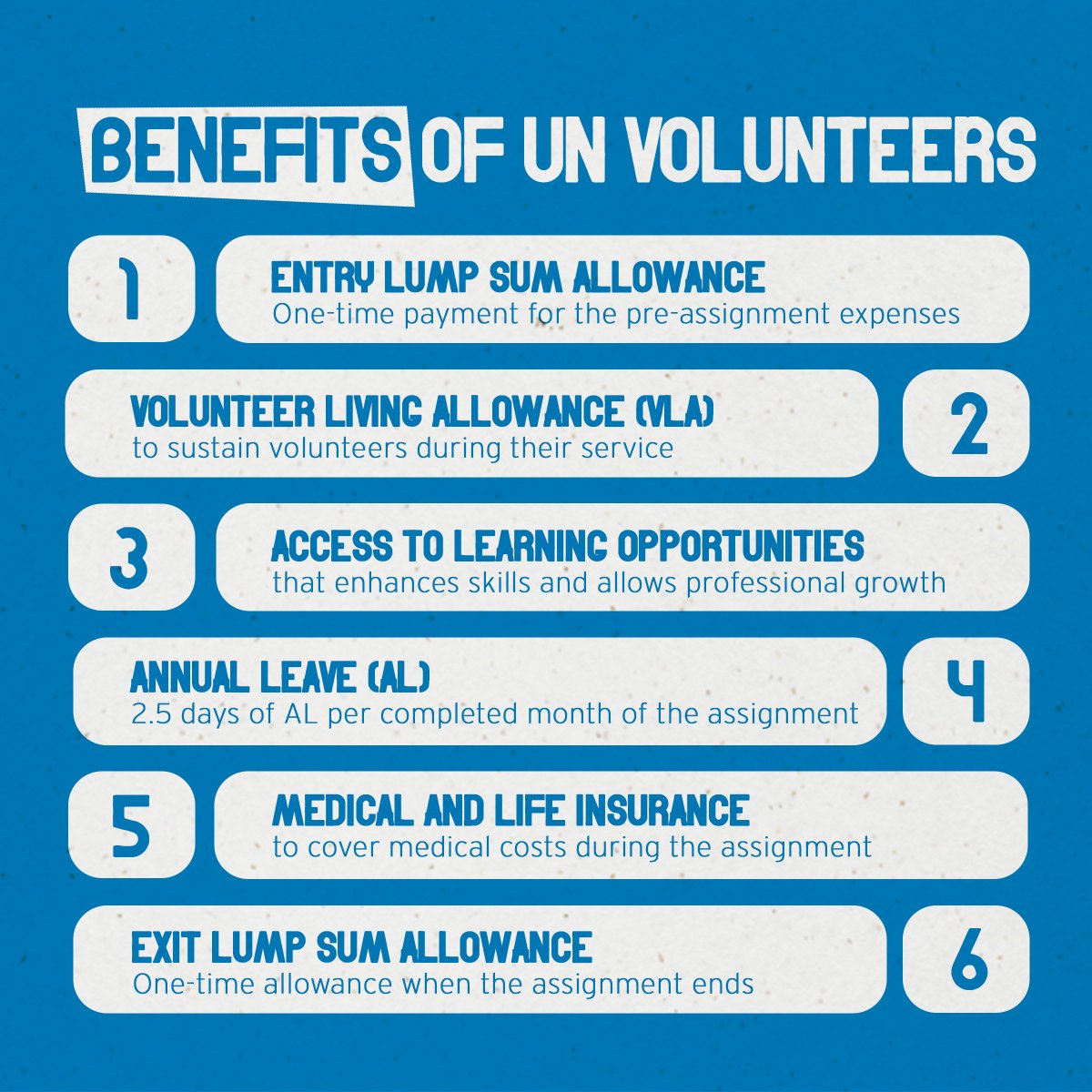 While you #volunteer for a better future, we have you covered from start to finish! Learn more about the benefits and allowances for @UNVolunteers at the start, during and at the end of the volunteer assignments. 👉unv.org/national-unv/y…