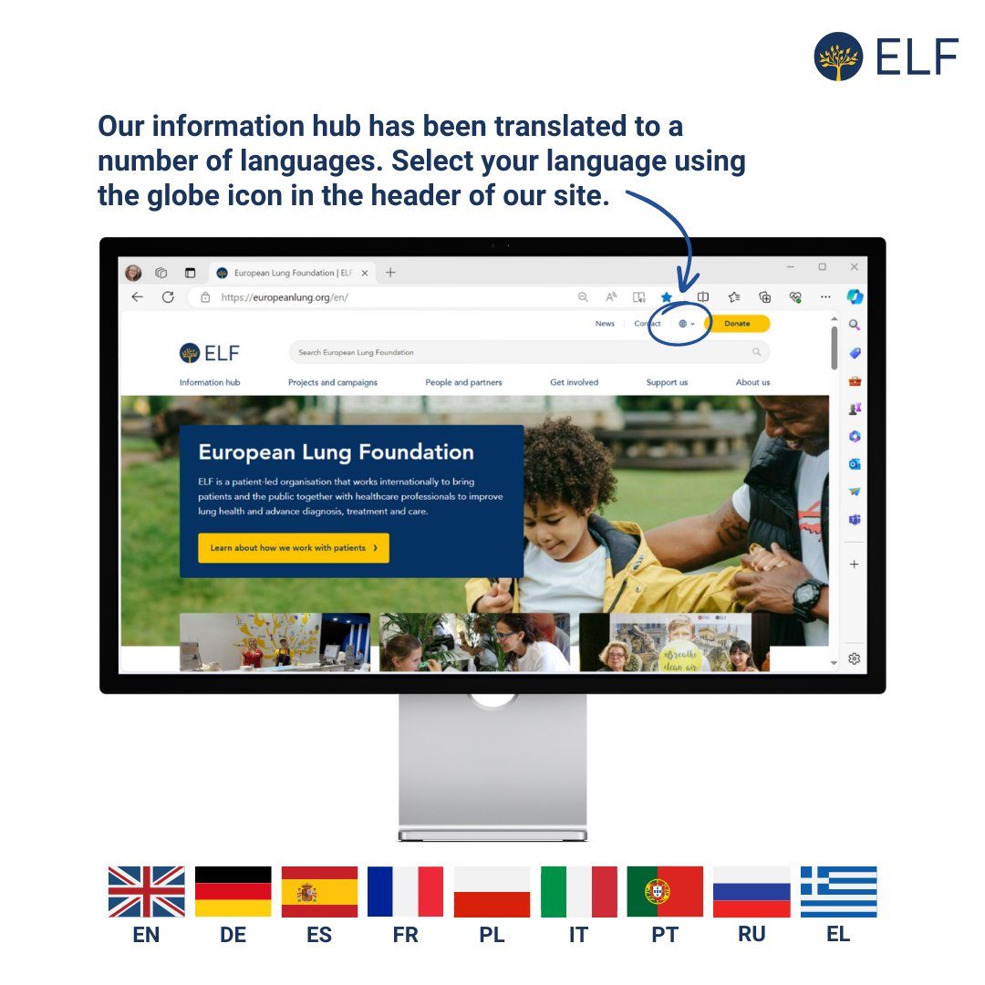 Our information hub is available in nine languages! When visiting the ELF website, you can select you language using the globe at the top of the page (pictured here.) All patients should have access to evidence-based information. Learn more europeanlung.org/en/information… #LungHealth