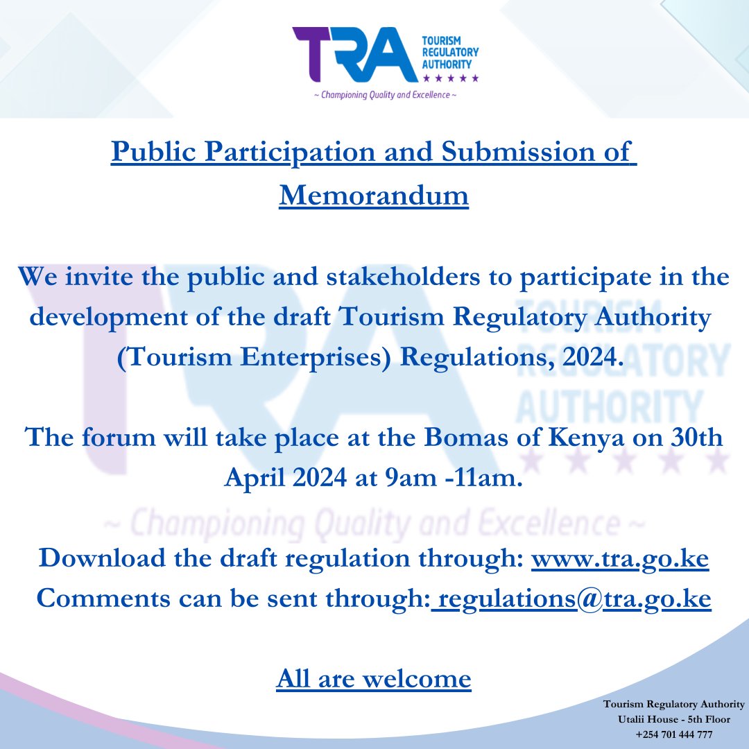 Join us for another engaging public participation forum at Bomas of Kenya Limited tomorrow 30th April 2024 at 9am.Come and take advantage of the opportunity to learn and interact with fellow stakeholders. All are welcome. #publicparticipation @Min_TourismKE @KATAKenya @KATAKenya