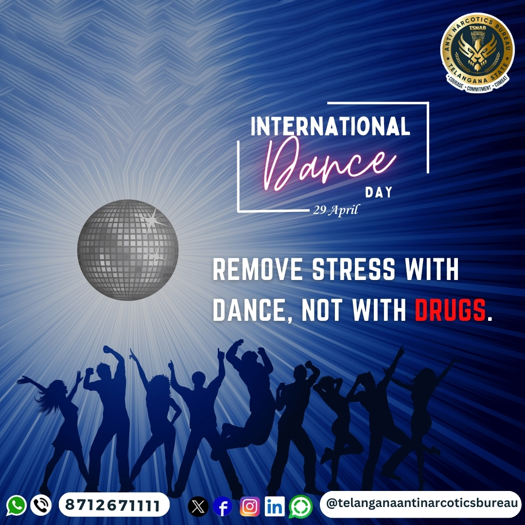 Remove Stress with Dance, Not with Drugs. #InternationalDanceDay @TelanganaDGP @narcoticsbureau @CVAnandIPS @TelanganaCOPs @hydcitypolice @cyberabadpolice @RachakondaCop @NMBA_MSJE @UNODC #drugfreetelangana #drugfreegeneration #UNODC #tsnab