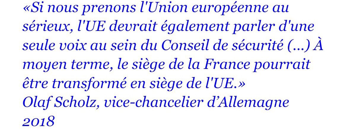 Avec notre dissuasion nucléaire, c’est le siège permanent de la France au Conseil de sécurité de l’ONU que #Macron donnera à l’UE !

D’ailleurs l’actuel chancelier allemand Olaf #Scholz l’a réclamé : en 2018 alors qu’il était vice-chancelier (cf : lefigaro.fr/international/…)

➡️ À…