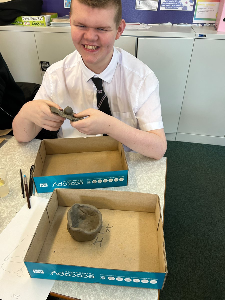 On Friday, ASDAN Year 10 pupils made various items for our new classroom out of air-dry clay.  We now have a lovely ASDAN sign, USB pen holders, a sugar pot, an owl for the teachers' desk and even a plant pot with a mustache! #HFCHSAsdan @ASDANeducation