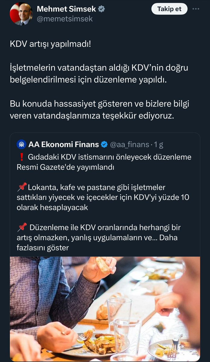 ✖️“Yiyecek, içecek sektöründe KDV artışı” iddiaları yalan. ✅Hazine ve Maliye Bakanı Mehmet Şimşek iddiaları yalanladı.