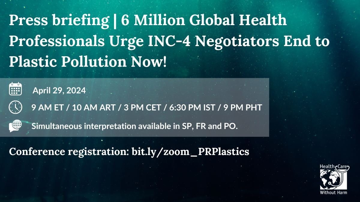 Join @HCWHGlobal's virtual press conference today, 29 April, at 15:00 CEST to hear how the healthcare sector is leading efforts to transition away from #plastics and the role of the Global #PlasticsTreaty in ending the plastics crisis. ➡️bit.ly/4b8979Q