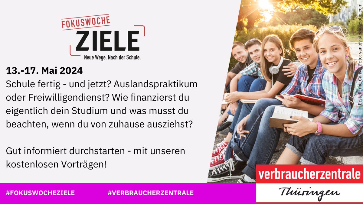 Schule geschafft, aber du hast immer noch keine Ahnung von Versicherungen? Lust auf ein Auslandpraktikum, aber keine Ahnung, wo du anfangen sollst? Die #FokuswocheZiele der #Verbraucherzentrale|n hilft dir zum Durchblick. Kostenlose Vorträge gibt's hier 👉 vzth.de/fokuswoche-zie…