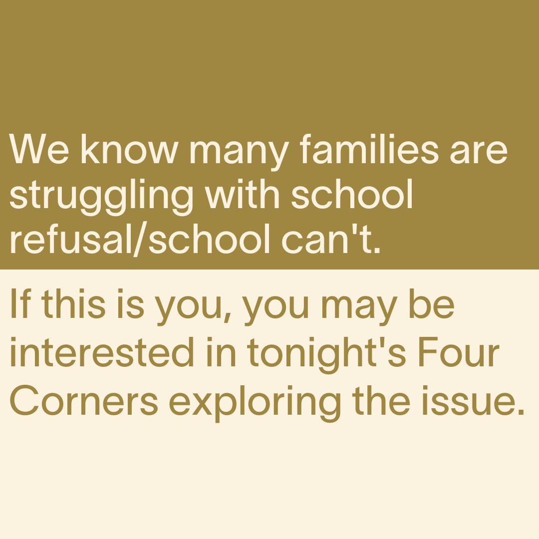 We know many families are struggling with school refusal/school can't. 

If this is you, you may be interested in tonight's @4corners at 8.30pm exploring the issue. Alternatively, 'Four Corners: The kids who can’t,' will be available on ABC iview from tomorrow.

#schoolcant
