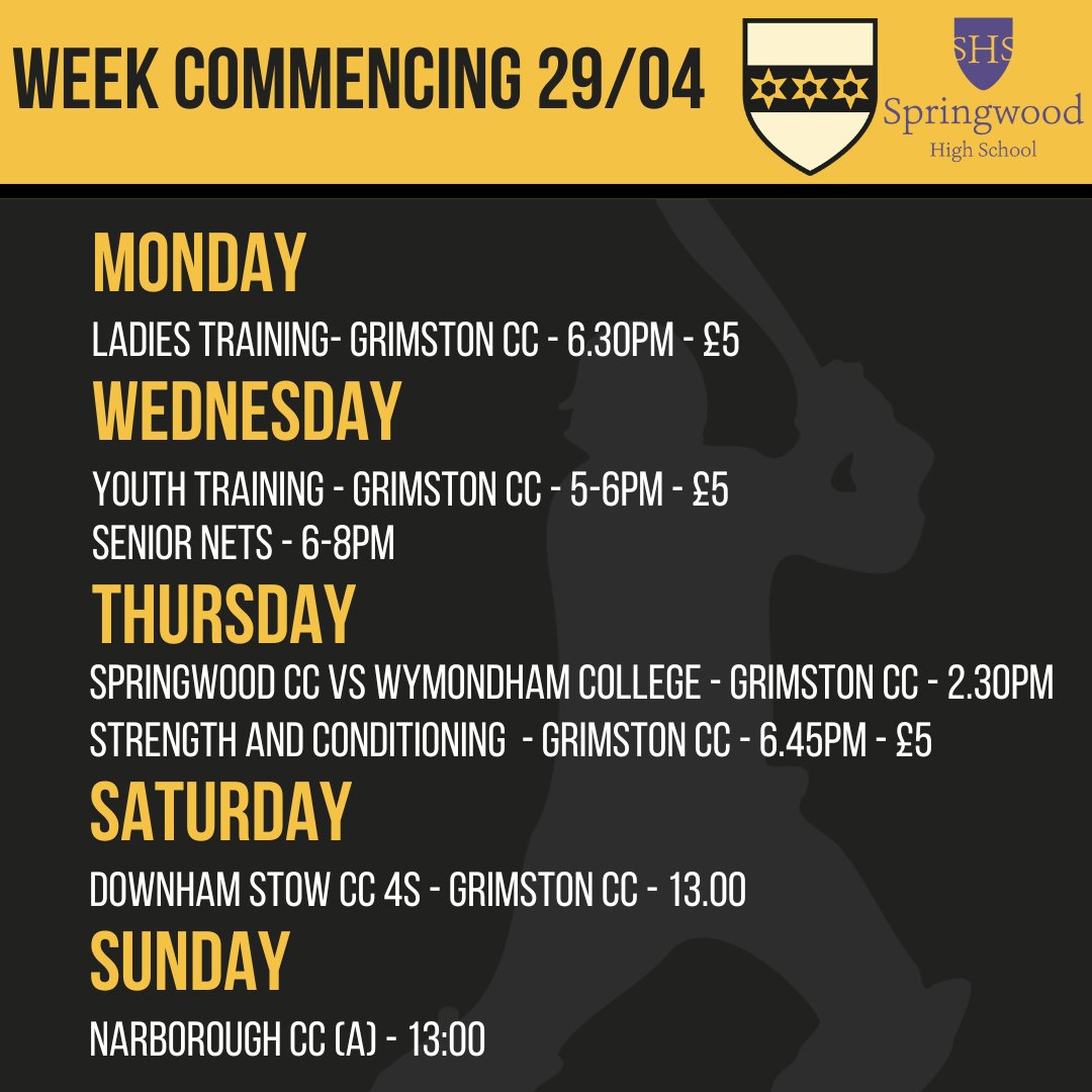 Great to welcome back our Youth Cricket Partners @SHSS_PE as we host their U13s match vs @WymCollPE on Thurs. The weekend sees a packed lineup with the Saturday side making their league return after 10 yrs vs @DownhamStowCC , and the Sunday side in cup action away to Narborough!