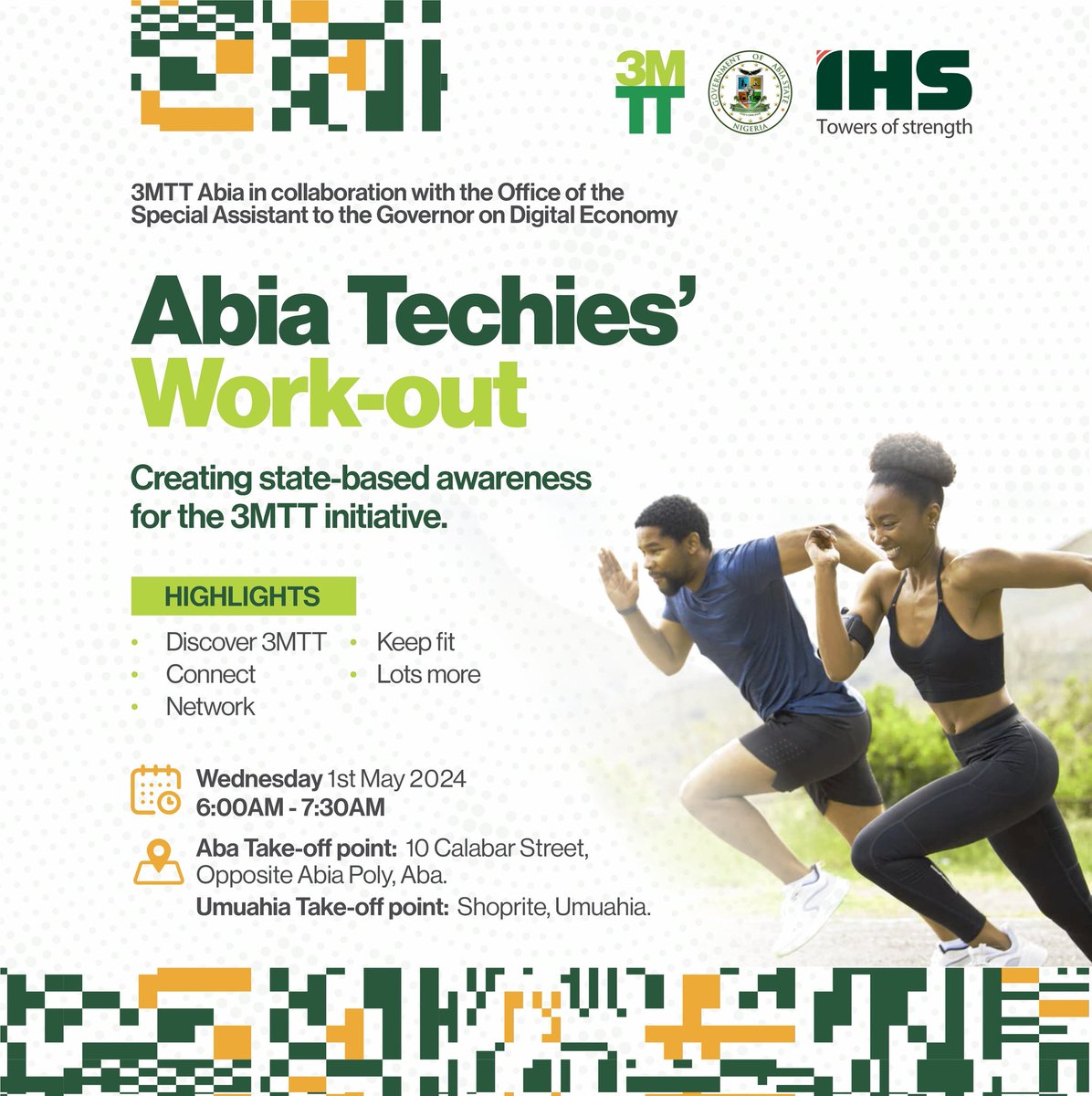 Abia Techies'! It's Work-out O'Clock!! On the 1st of May, 3MTT Abia in collaboration with the office of the SA to the Governor on Digital Economy @betsyjioke will be keeping fit while creating state-based awareness for the @3MTTNigeria initiative. Join us!