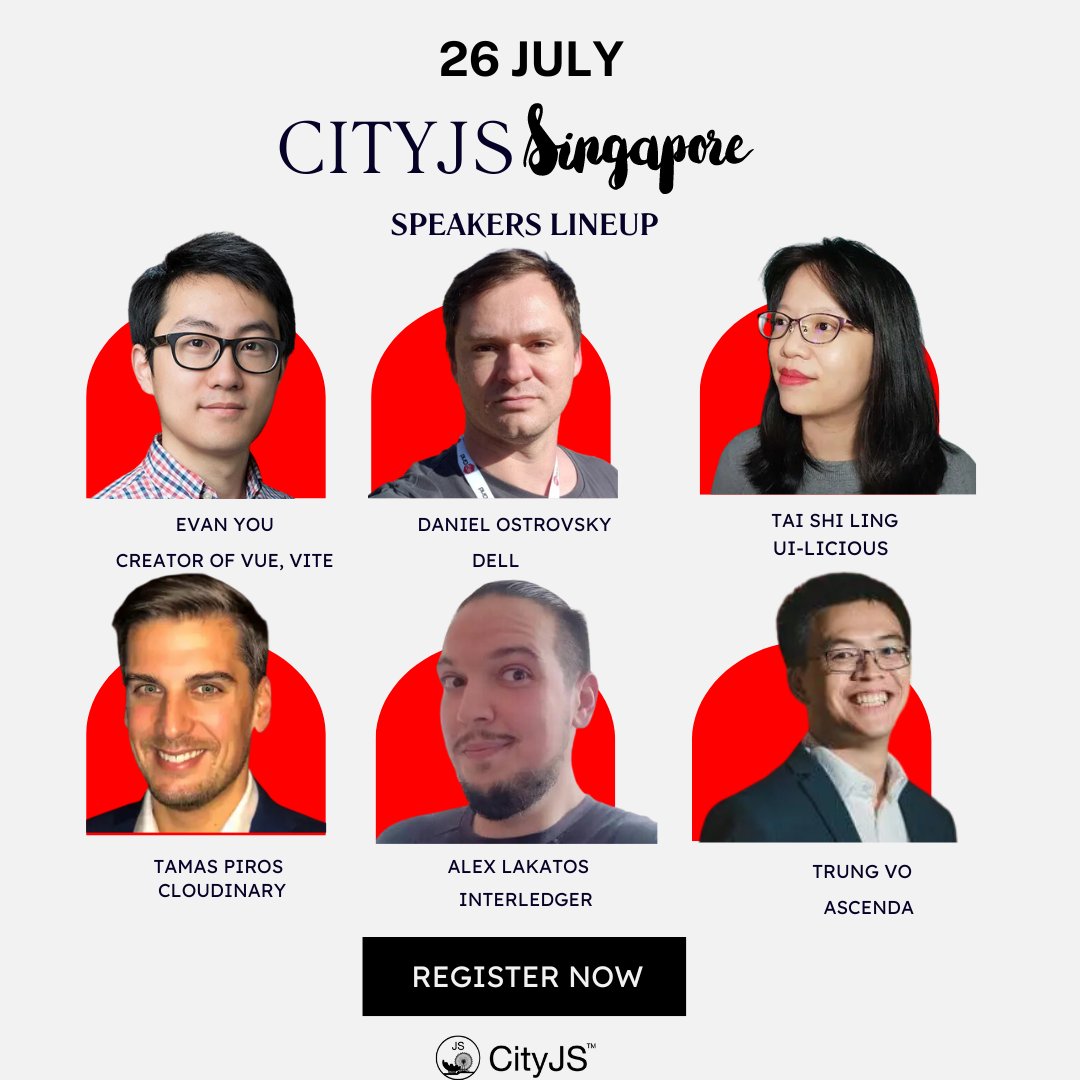 Have you checked the line up for #CityJSSingapore yet? Some cool people out there @youyuxi @danduh81 @tpiros @tuantrungvo @tuantrungvo @avolakatos Last chance to submit your CFP! Get your tickets now singapore.cityjsconf.org #singapore #javascript