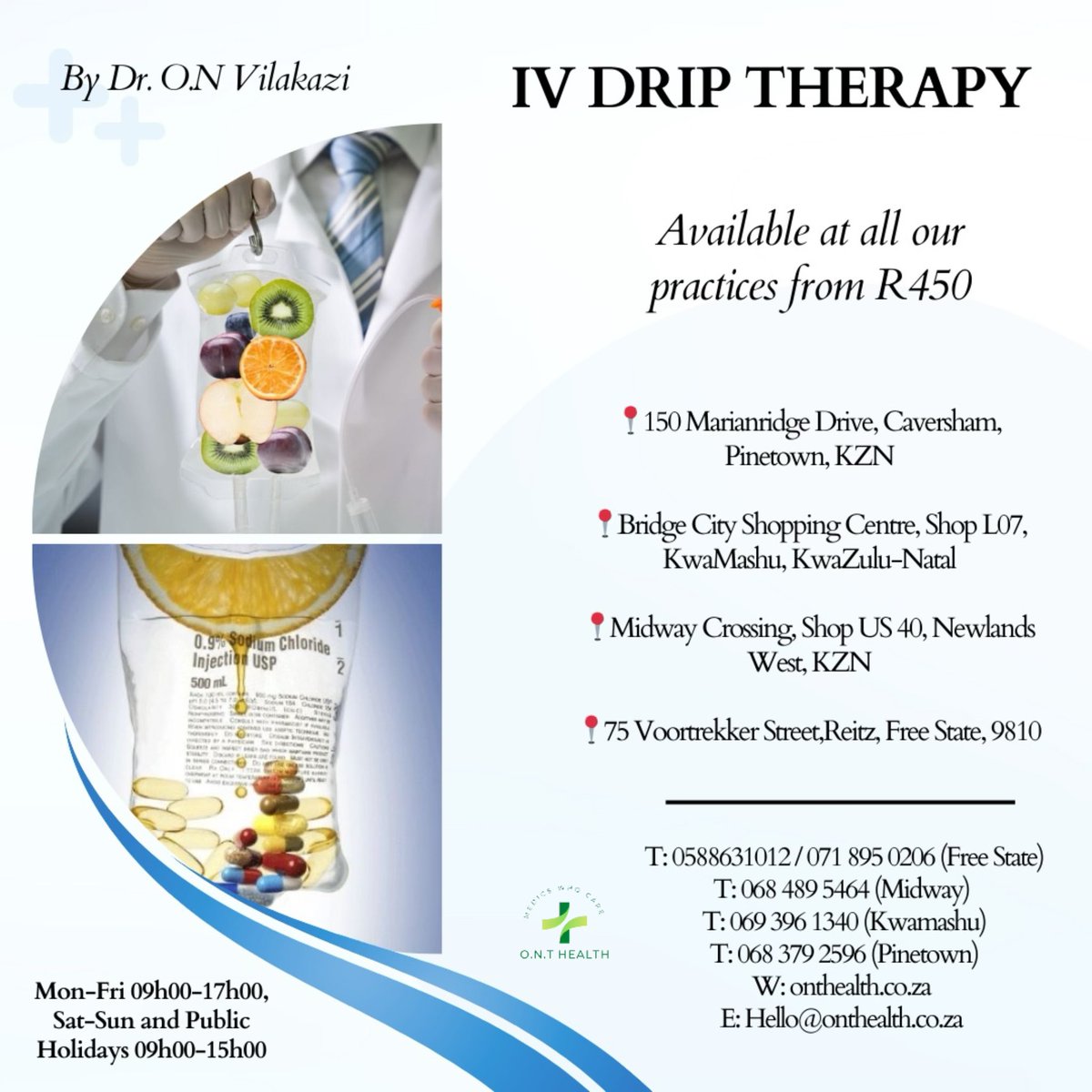 IV Drip Therapy is available at all our practices for only R450 ✨️. 

This is an effective way to deliver nutrients, vitamins, and medications to the body because this technique bypasses the digestive system .

We are based at: 
📍150 Marianridge Drive, Caversham, Pinetown, KZN