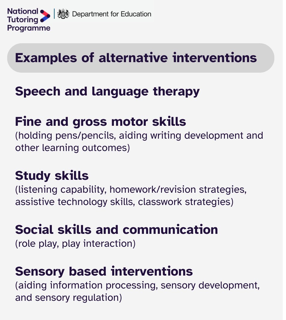 NTProgramme's tweet image. #Schools - you can use your NTP funding to deliver alternative types of established, evidence underpinned, academic interventions for pupils with #SEND.
View our examples and access the guidance: bit.ly/NTPSEND
