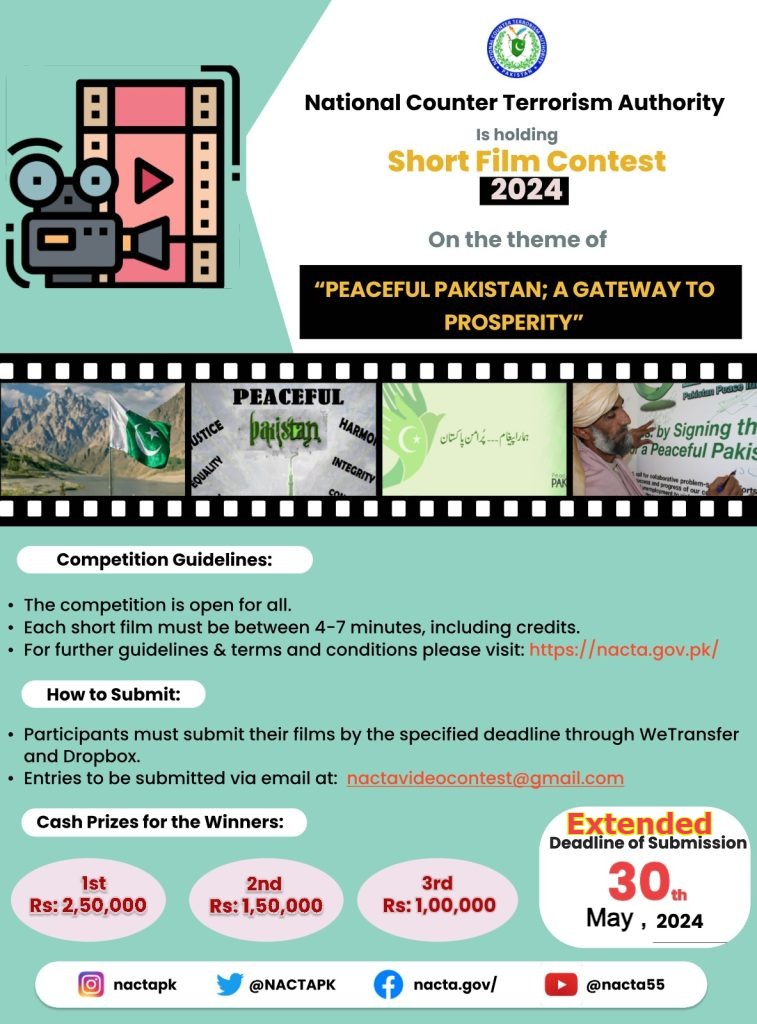 Deadline Extended!! The deadline of submissions for Short Film Contest 2024 has been extended till 30th May, 2024. #Nacta4Peace