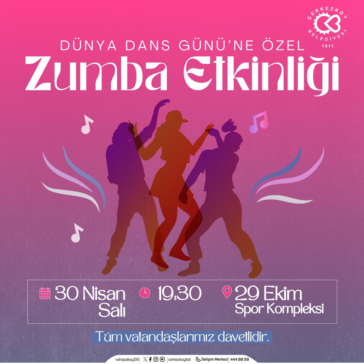 O zaman dans!🕺💃🏻 30 Nisan Salı günü 19:30’da Dünya Dans Günü’nü Zumba yaparak kutlayacağız. 🎉 Her yaştan tüm hemşehrilerimizi 29 Ekim Spor Kompleksi’mize bekliyoruz.🌻