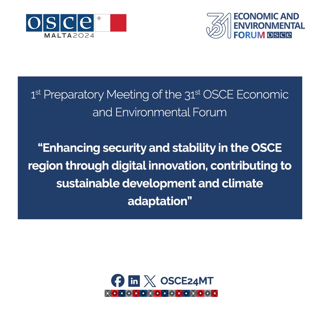 Today, we convene the First Preparatory Meeting of the 31st OSCE Economic and Environmental Forum. Each year, this Forum brings together representatives of the @OSCE participating States as well as experts from various professional & academic backgrounds to engage in #dialogue…