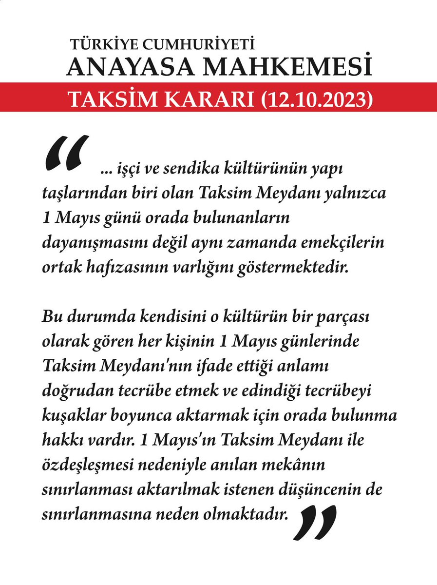 Anayasa Mahkemesi der ki; Taksim #1Mayıs Alanıdır!