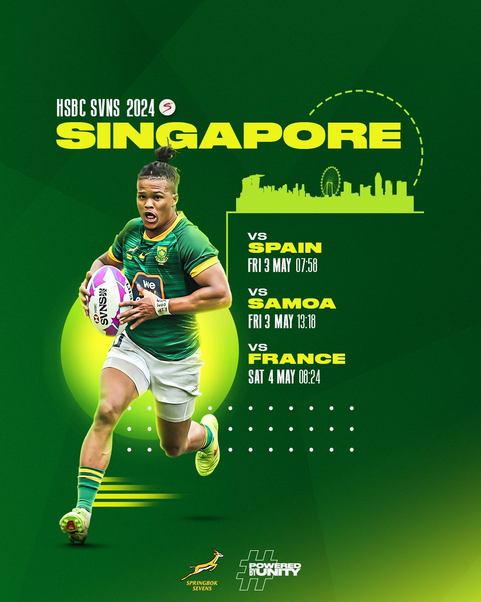 The #Blitzboks are in Singapore this week 🇿🇦 Don’t miss any of their pool matches - live on SuperSport from Friday 📺 #PoweredByUnity #HSBCSVNS