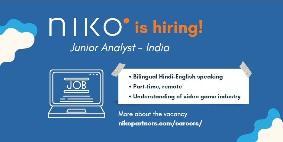 NEW VACANCY: Niko Partners is hiring a bilingual Hindi-English speaking video game market intelligence Analyst. This is a part-time, remote position. Read more on the role 👇 nikopartners.com/careers/ @RemoteGameJobs