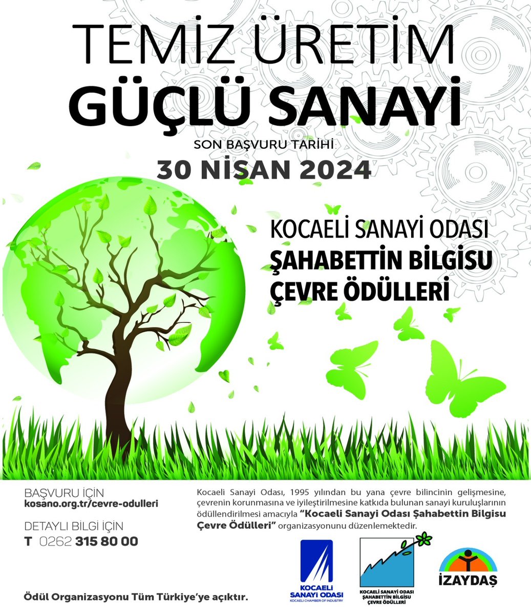 Başvuru için son 2 gün‼️ Türkiye’nin ilk çevre ödülleri organizasyonu olan KSO Şahabettin Bilgisu Çevre Ödülleri’nin 30’uncusu için başvurular 30 Nisan 2024 Salı günü sona eriyor‼️ Son başvuru tarihi⤵️ 🗓️30 Nisan 2024 Salı Detaylı bilgi ve başvuru için⤵️ kosano.org.tr/cevre-odulleri/