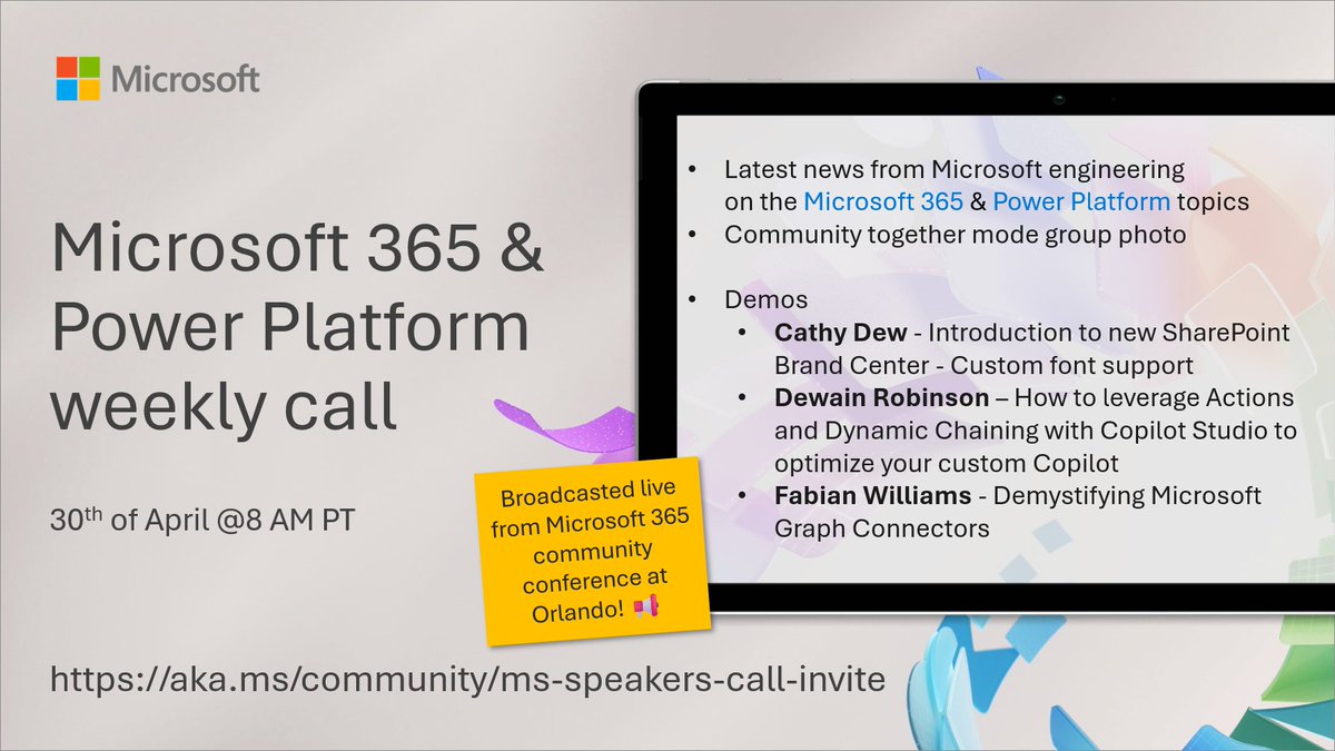 📆 Agenda for the #Microsoft365dev & #PowerPlatform call 30th of April • The latest news and updates • Focus on #SharePoint, #Copilot Studio & #MicrosoftGraph • Presented by @catpaint1, @Dewain76 & @fabianwilliams and more... 🚀 👋 Join the call → msft.it/6018YMICm